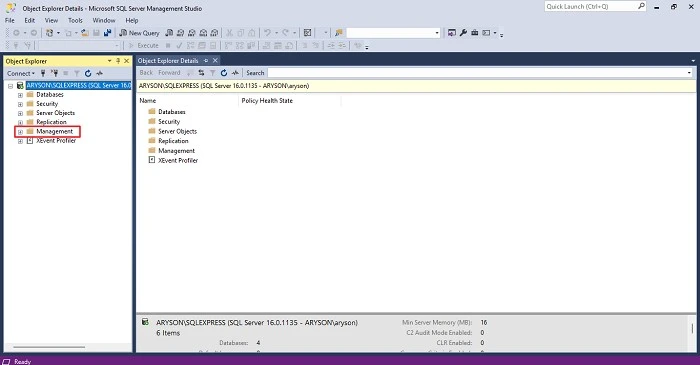 Navigate Management > SQL Server Log