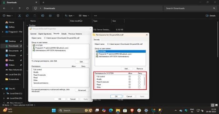 All the permissions granted to SQL Server