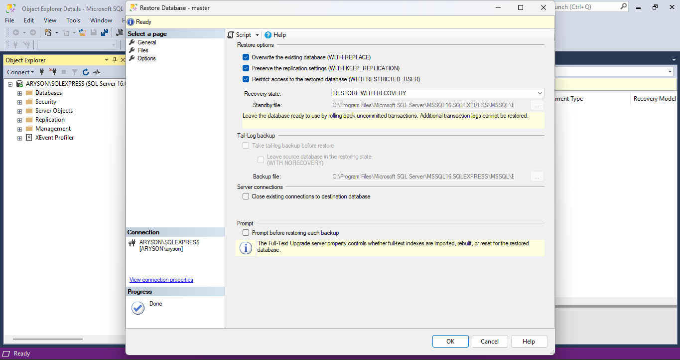 Apply the restore options as required