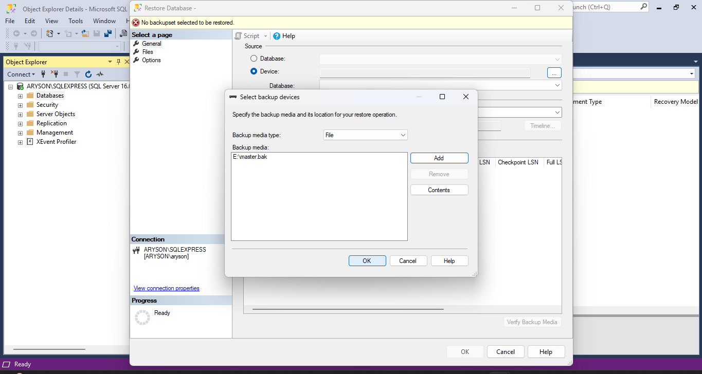 After adding the BAK file to the backup device prompt, click OK