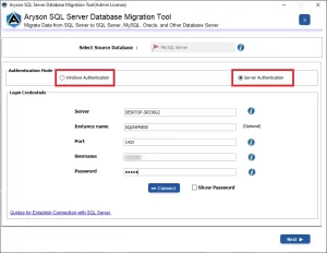 Choose either the Windows Authentication 